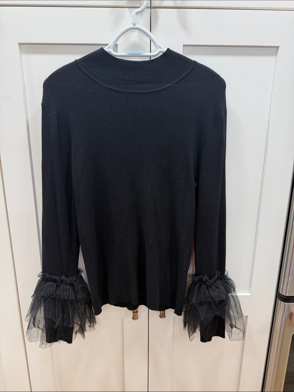 Vince Camuto Black Long-Sleeve Top with Tulle Ruffle Cuffs